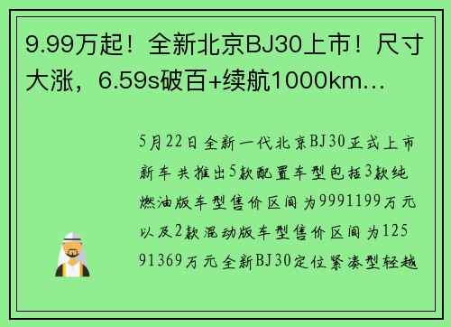 9.99万起！全新北京BJ30上市！尺寸大涨，6.59s破百+续航1000km…