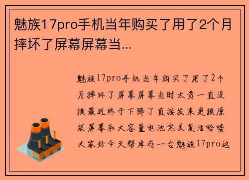 魅族17pro手机当年购买了用了2个月摔坏了屏幕屏幕当...
