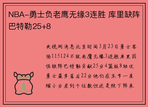 NBA-勇士负老鹰无缘3连胜 库里缺阵巴特勒25+8