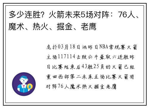 多少连胜？火箭未来5场对阵：76人、魔术、热火、掘金、老鹰